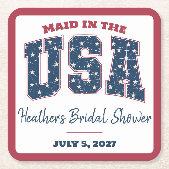 Maid in the USA, Stars, Stripes Bridal Shower Square Paper Coaster (Front)