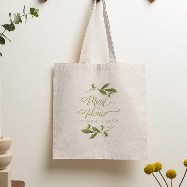 Maid of Honor Greenery Floral Personalized Design Tote Bag (Creator Uploaded)