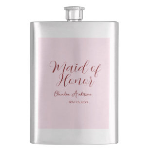 Maid of honor mauve name date pink pastel brides hip flask