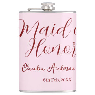 Maid of honor mauve name date pink pastel brides hip flask