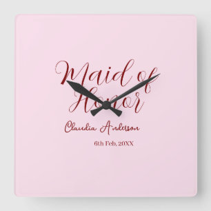 Maid of honor mauve name date pink pastel brides square wall clock