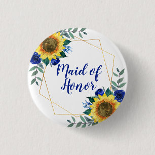 Maid of Honor Sunflower Geometric Blue Floral 3 Cm Round Badge