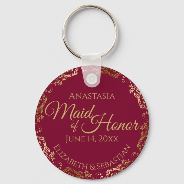 Maid of Honor Wedding Gift Burgundy Maroon & Gold Key Ring (Front)