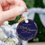 Maid of Honor Wedding Gift Navy Blue and Gold Key Ring<br><div class="desc">These keychains are designed to give as favors to the Maid of Honor in your wedding party. They feature a simple yet elegant design with a navy blue background, gold text, and a golden faux foil floral lace border. Perfect way to thank your Maid of Honor for being a part...</div>