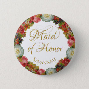 Maid of Honour Autumn Floral Wedding Name Tag 6 Cm Round Badge