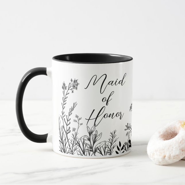 Maid of Honour Black and White Wild Flowers   Mug (With Donut)