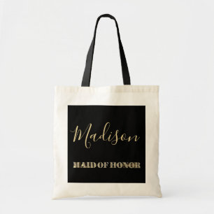 Maid of Honour Black Gold Glitter Typography Tote Bag