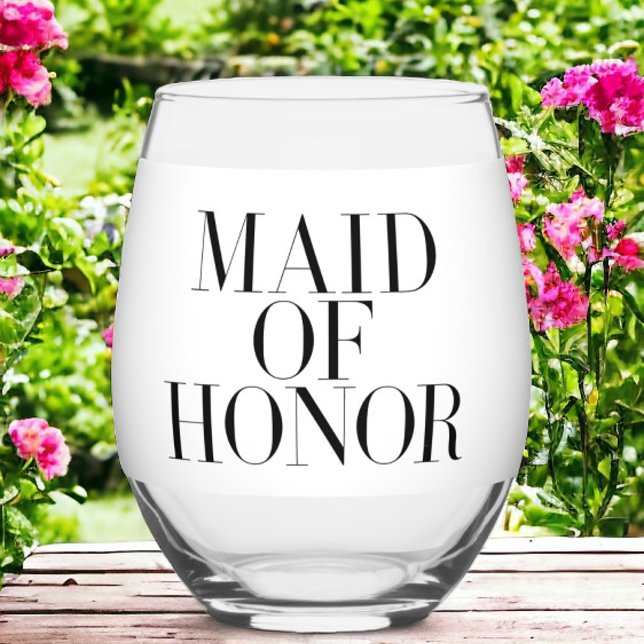 Maid of Honour Black Modern Elegant Personalised  Stemless Wine Glass (Creator Uploaded)