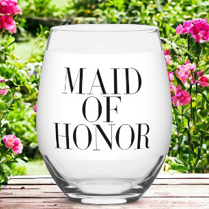 Maid of Honour Black Modern Elegant Personalised Stemless Wine Glass