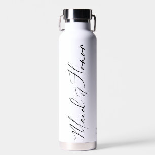 Maid of Honour Black Modern Script Custom Water Bottle