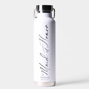 Maid of Honour Black Modern Script Custom Water Bottle