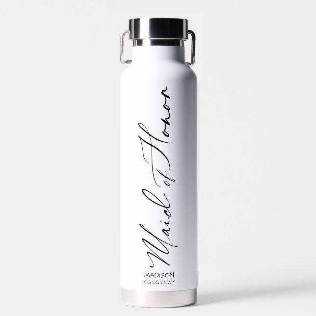 Maid of Honour | Black Modern Script Custom Water Bottle (Front)