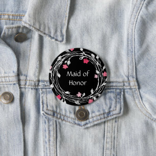 Maid of Honour Black White Pink Floral Wreath 7.5 Cm Round Badge