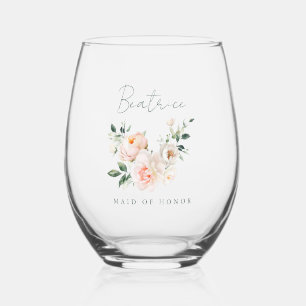 Maid of Honour Blush Pink Peony Watercolor Floral Stemless Wine Glass