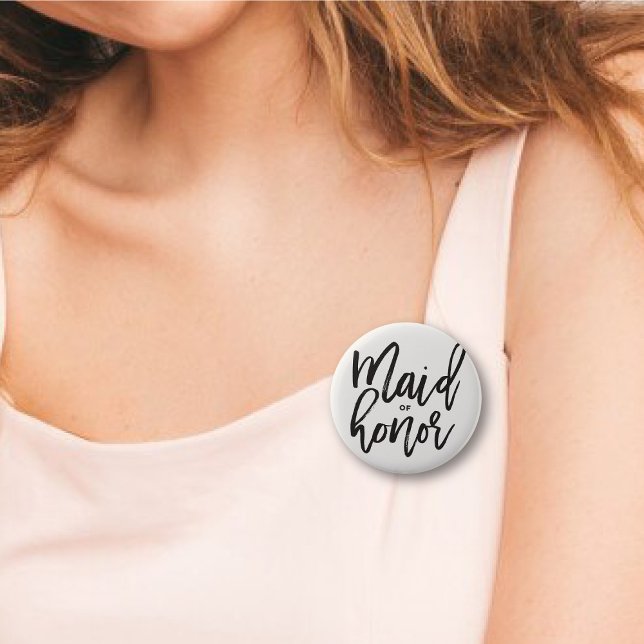 Maid Of Honour Brush Script Bridal Party Wedding 6 Cm Round Badge ('Maid of Honor' Brush Script Calligraphy Wedding Rehearsal Pin Button @ fatfatin_blue_knot)