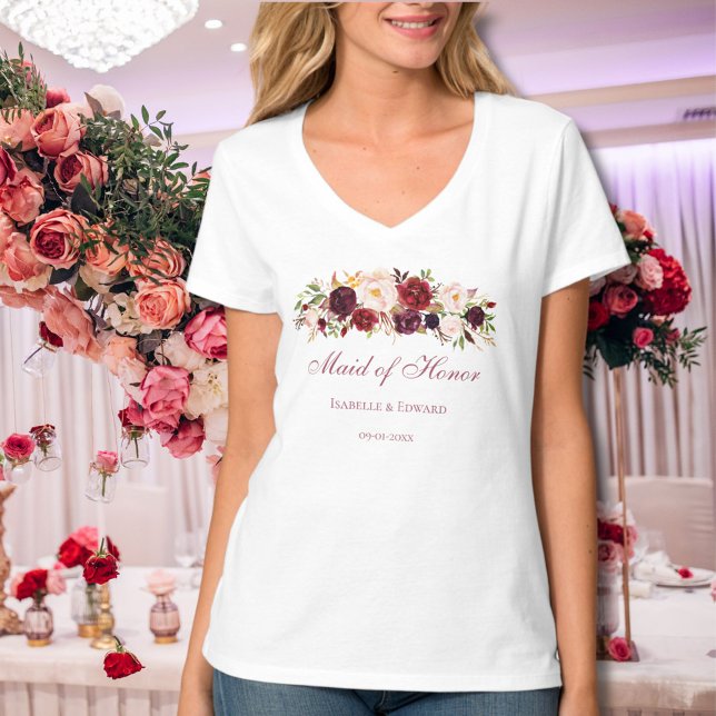 Maid Of Honour Burgundy Pink Rose Floral T-Shirt (Creator Uploaded)