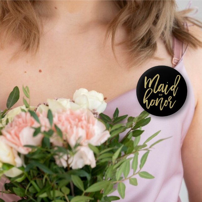 Maid Of Honour Chic Gold Brush Bridal Party Weddin 6 Cm Round Badge ('Maid of Honor' Gold Brush Script Calligraphy Wedding Rehearsal Pin Button @ fatfatin_blue_knot)