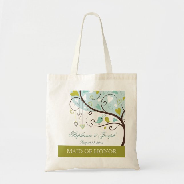 Maid of honour chic green & blue love birds favour tote bag (Front)