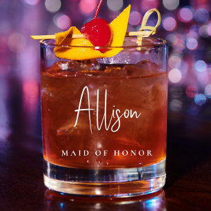 Maid Of Honour Chic White Script Monogram Wedding Whiskey Glass