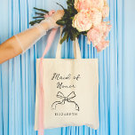 Maid of Honour | Choose any Colour Coquette Bow Tote Bag<br><div class="desc">This stylish,  whimsical tote says "Maid of Honour" in chic,  handwritten script with an illustrated coquette bow and a spot for her name. You can customise the tote by choosing any colour for the text and bow,  so your bridal wedding party can match.</div>