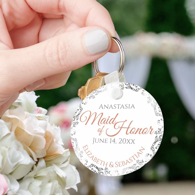 Maid of Honour Coral & Silver Lace Wedding Gift Key Ring (Creator Uploaded)
