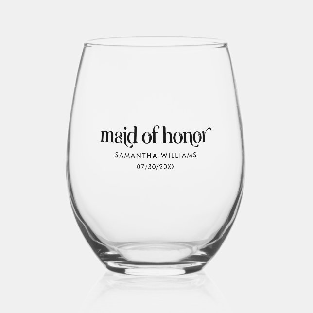 Maid Of Honour Elegant Black Retro Typography Stemless Wine Glass (Front)
