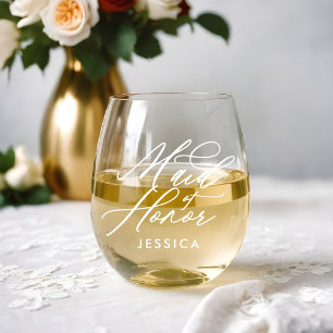 Maid of Honour Elegant Script Name Wedding Party Stemless Wine Glass