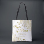Maid of Honour Elegant Wedding Tote Bag Gold White<br><div class="desc">These Maid of Honour tote bags are designed as favours or gifts for your maid of honour. Great swag bag to fill with favours and gifts. Coordinates with our Gold Foil Elegant Wedding Suite and is fully customisable. Simple design includes gold script text with a floral border over a white...</div>