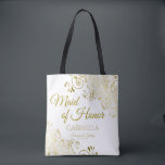 Maid of Honour Elegant Wedding Tote Bag Gold White<br><div class="desc">These Maid of Honour tote bags are designed as favours or gifts for your maid of honour. Great swag bag to fill with favours and gifts. Coordinates with our Gold Foil Elegant Wedding Suite and is fully customisable. Simple design includes gold script text with a floral border over a white...</div>