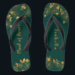 Maid of Honour Emerald Green & Gold Foliage  Jandals<br><div class="desc">These gorgeous emerald green and gold foliage maid of honour flip flops feature golden foliage pattern and modern typography on timeless dark green background. It's a beautiful gift for your bridal party. View the collection on this page to find matching items. ♥Customise it with your information. ♥ If you want...</div>