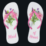 Maid of Honour Floral Bouquet Wedding Flip Flops<br><div class="desc">Pretty pink and white maid of honour's flip flops with graphics of watercolor floral bouquets on each slipper.  Maid of Honour done in pink text is fully customisable to suit your needs.</div>