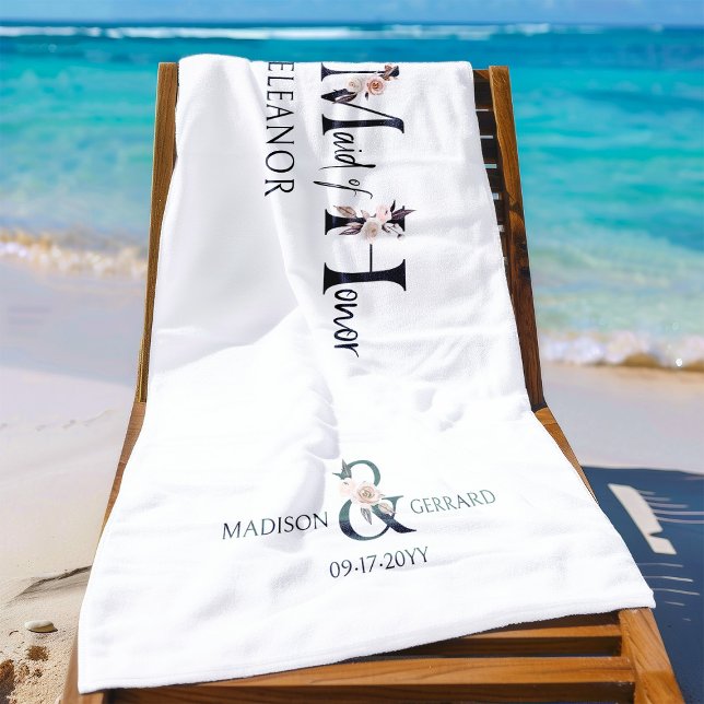 Maid of Honour Floral Letter Bachelorette Weekend Beach Towel (Bridal Party gift to personalize for your Maid of Honor)