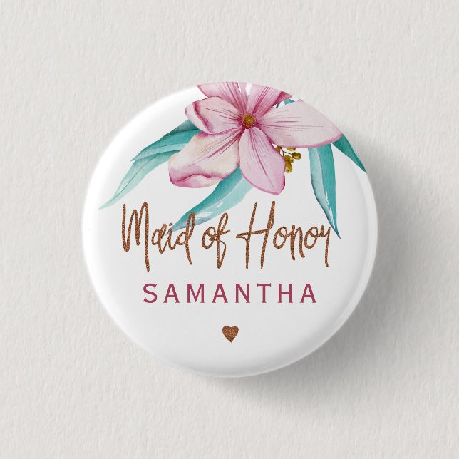 Maid of honour floral pink copper bridal shower 3 cm round badge (Front)