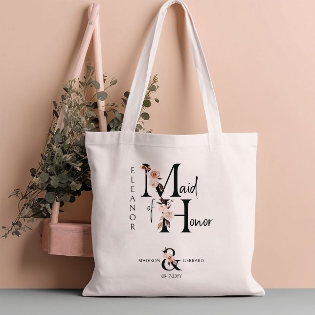 Maid of Honour Flower Letter Boho Floral Wedding Tote Bag (Bridal party gift to personalize for your Maid of Honor)