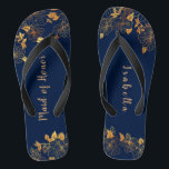 Maid of Honour Gold Foliage Navy Blue Jandals<br><div class="desc">These gorgeous gold foliage navy blue maid of honour flip flops have a dark blue background that is adorned with an intricate gold floral greenery pattern and customisable modern typography. The combination of the rich navy and the shimmering gold create an elegant and luxurious aesthetic. It's a beautiful gift for...</div>