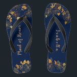 Maid of Honour Gold Foliage Navy Blue Jandals<br><div class="desc">These gorgeous gold foliage navy blue maid of honour flip flops have a dark blue background that is adorned with an intricate gold floral greenery pattern and customisable modern typography. The combination of the rich navy and the shimmering gold create an elegant and luxurious aesthetic. It's a beautiful gift for...</div>