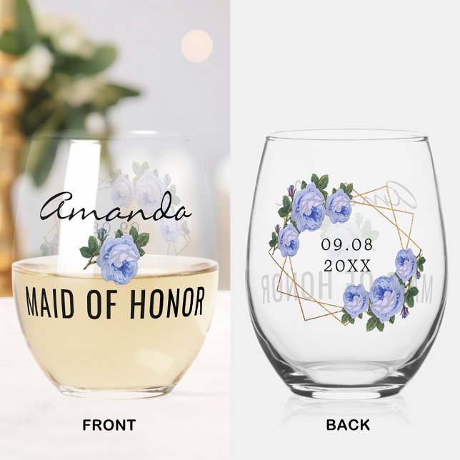 Maid of Honour Gold Glitter Geo Blue Floral Weddin Stemless Wine Glass (Maid of Honor Gold Glitter Geo Blue Floral Wedding Stemless Wine Glass)
