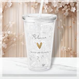 Maid of Honour Gold Heart Modern Script Acrylic Tumbler