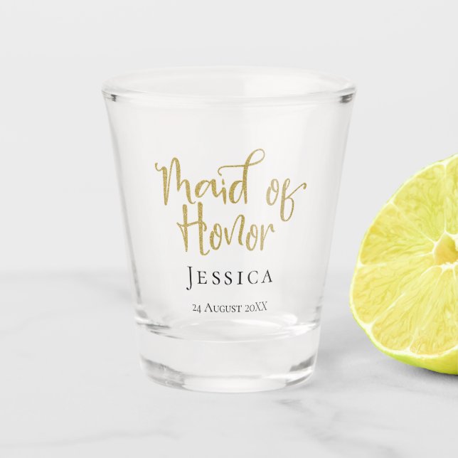 Maid of Honour Gold Script Name Date Typography Shot Glass (Front)