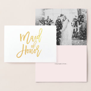 Maid of Honour Hand Lettering Photo Gold Foil Card