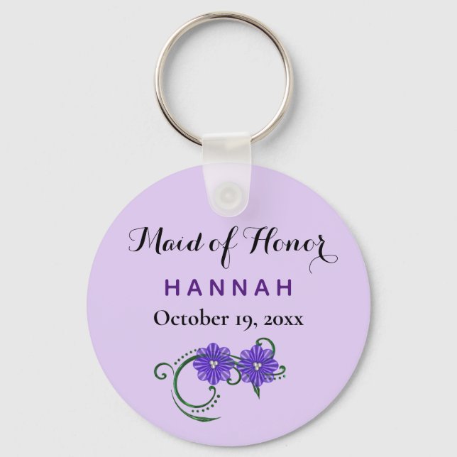 Maid of Honour Modern Typography Purple Wedding Key Ring (Front)