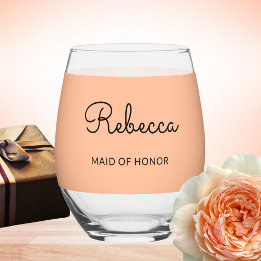 Maid of Honour Monogram Wedding Elegant Chic Peach Stemless Wine Glass