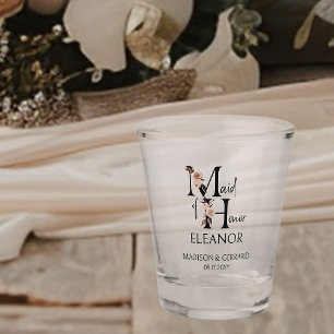 Maid of Honour Neutral Floral Letter Bridal Party Shot Glass