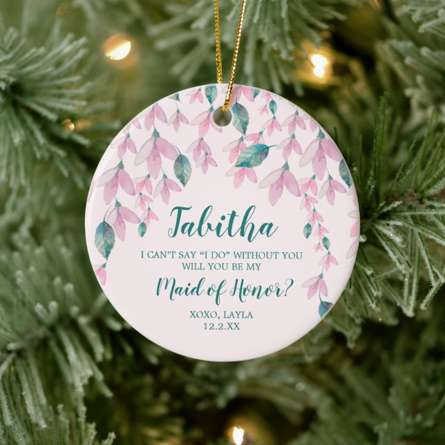 Maid Of Honour Personalised Proposal Pink Florals Ceramic Tree Decoration (Tree)