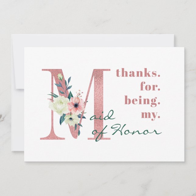 Maid of Honour Pink Floral Letter Wedding Thank You Card (Front)