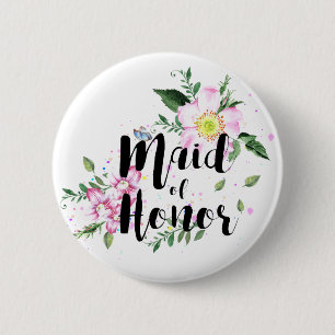 Maid of Honour Pink Floral Watercolor Wedding 6 Cm Round Badge