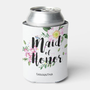 Maid of Honour Pink Floral Watercolor Wedding Can Cooler