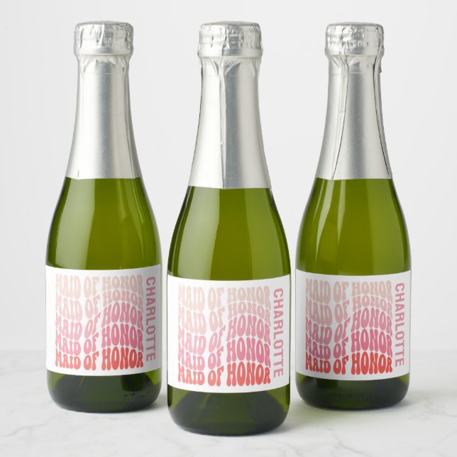 Maid of honour pink modern girly retro 60's simple sparkling wine label (Bottles)