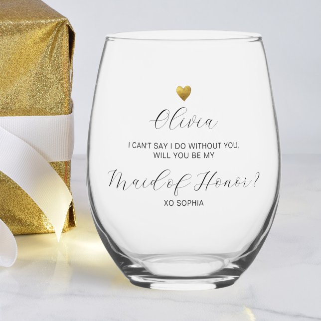 Maid of Honour Proposal, Gold Heart, Personalised Stemless Wine Glass (Creator Uploaded)
