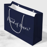 Maid of Honour Proposal Modern Script Navy Blue Large Gift Bag<br><div class="desc">"Will You Be My Maid of Honour?" Modern Script Navy Blue Maid of Honour Proposal Gift Bag
featuring wording "Will You Be My Maid of Honour?" in white modern script font style on navy blue background.</div>